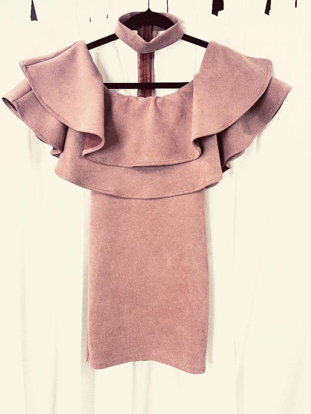 Bodycon Layered double-ruffle flounce collar faux-suede with choker dusty rose